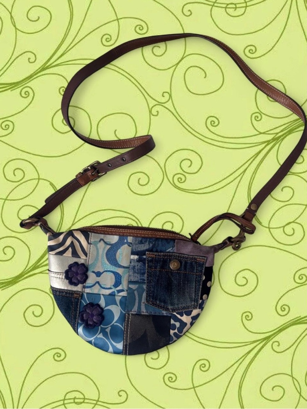 Patchwork Blue Crossbody Bag with Brown Strap